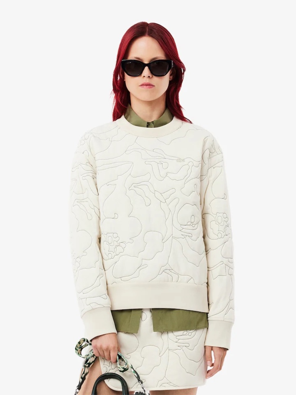 Lacoste Reversible Crewneck Quilted Floral Sweatshirt - Ivory & Khaki Green